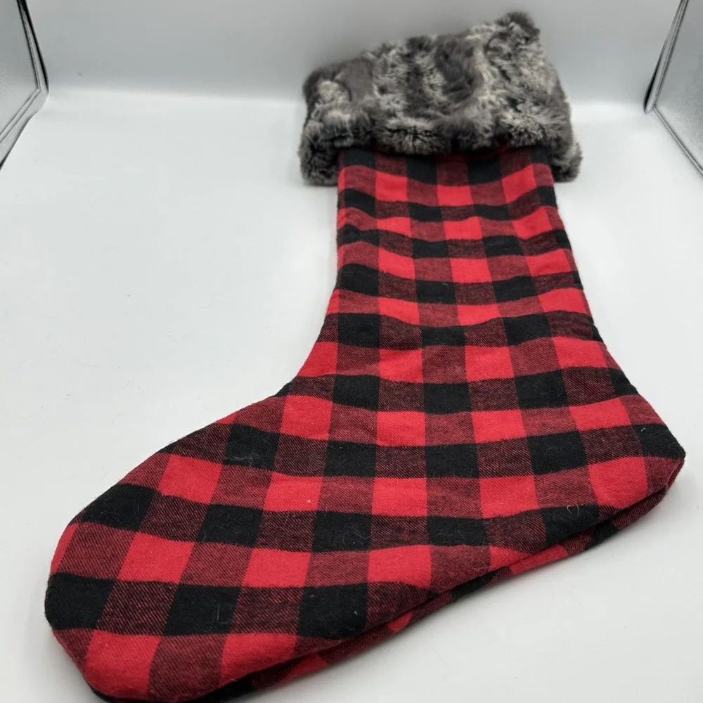 Large Red‎ & Black Checker Plaid Woven Stocking With Faux Fur Collar